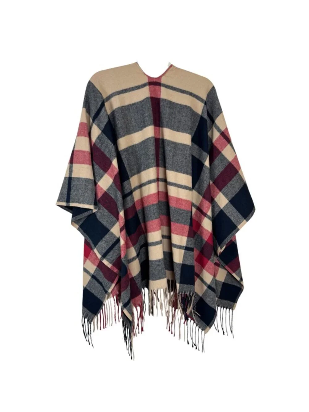 Belle Kim Gravel Plaid Poncho Wrap One Size Beige Black Red Fringe Cozy Preppy